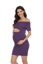 6175# in stock! New Maternity Skirt Amazon eBay Europe and America Solid Color One Shoulder Short Sleeve Dress - Image 7
