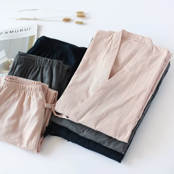 Gauze new Japanese double-layer cotton yarn pajamas women's spring and autumn cotton bathrobe couple cotton trousers home service suit