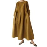 6840 Loose Plus Size Dress 2022 Fat Japanese Korean Version Cotton Linen Round Neck Pullover Solid Color Long Dress Swing Skirt - Image 5