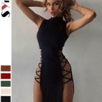 American amazon summer women's half turtleneck vest slim sleeveless European and American style slit sexy babes dress