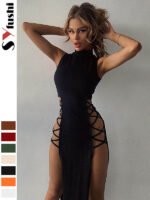 American amazon summer women's half turtleneck vest slim sleeveless European and American style slit sexy babes dress