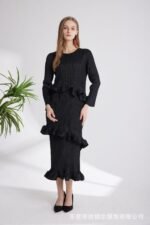 2023 spring and autumn Miyake long-sleeved lace-up dress with ruffles - Image 2