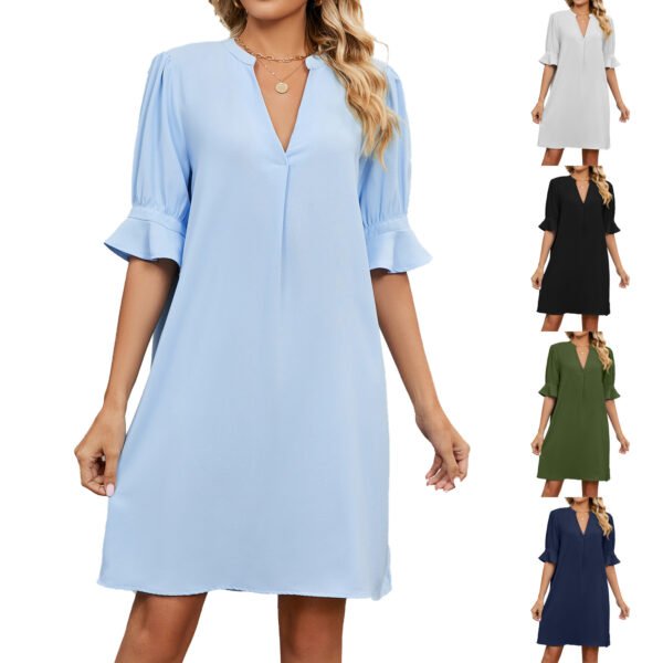 Solid V-neck Loose Pleated 5/4 Sleeve Dress