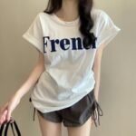 Cotton 2023 letter printed T-shirt women's summer new women's clothing tee loose Korean curling mid-length round neck top