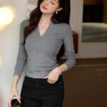 The best choice is a deep V-neck T-shirt for women's long sleeves 2025 autumn new slim slimming base shirt top