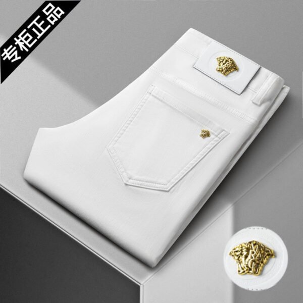 Jeans, spring and autumn pure white men's pants, light luxury, European classics, small black pants, stretch, slim, mid-rise, straight, simple