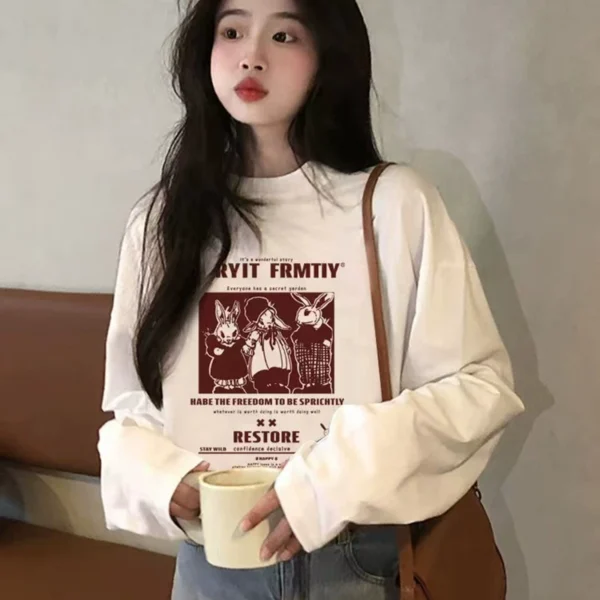 Sweet Japanese cotton long-sleeved t-shirt female design sense niche cartoon autumn upper clothes loose inner bottoming shirt