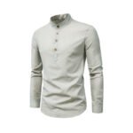 2022 cross-border foreign trade shirt men's fashion slim solid color long-sleeved business stand-up collar cotton and linen half-open men's shirt - Image 7