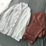 Simple Japanese plain cotton washed cotton double-layer gauze V-neck home clothes pajamas set long-sleeved trousers - Image 5