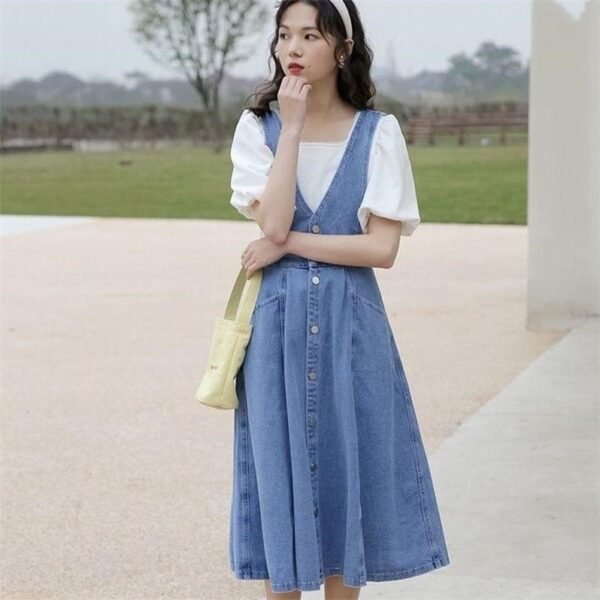 Summer Japanese ins high-waisted a-line waist slimming small fresh over-the-knee denim suspenders dress women's mid-length