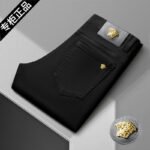 Jeans, spring and autumn pure white men's pants, light luxury, European classics, small black pants, stretch, slim, mid-rise, straight, simple - Image 2