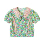 Fragmented lace patchwork doll neck cotton short sleeve shirt - Image 5