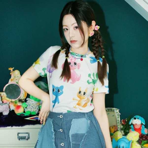 Printed small animal round neck short sleeve T-shirt