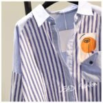2023 spring and autumn new Korean style fashion blue vertical stripe color matching single pocket casual mid-length shirt women - Image 2