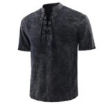 Europe and America Amazon Men's New Solid Color Retro Lace-Up Collar Casual Short Sleeve Shirt - Image 4