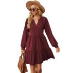 Solid V-neck loose pleated patchwork long sleeved dress - Image 3