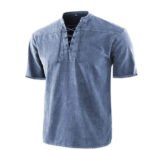 Europe and America Amazon Men's New Solid Color Retro Lace-Up Collar Casual Short Sleeve Shirt - Image 8