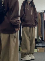 Pure cotton Japanese retro elastic waist straight casual pants men's and women's neutral style loose student all-match overalls trousers trendy - Image 5