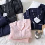 Japanese couple models skin-friendly breathable solid color double-layer cotton yarn long-sleeved trousers men and women pure cotton home clothes pajamas set - Image 2