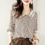 2022 spring and autumn new Korean version fashion design sense loose and thin temperament floral top square collar long-sleeved shirt women - Image 5