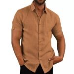 Foreign Trade Cross-border Amazon Hot Sale Summer Lapel Solid Color Short Sleeve Button Men's Linen Shirt - Image 6