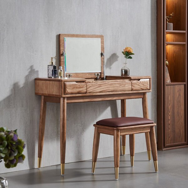 Solid wood dressing table makeup mirror stool storage cabinet integrated bedroom modern minimalist ash light luxury makeup table