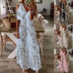 309#2022 European and American cross-border women's summer new lace short-sleeved printed long bohemian dress