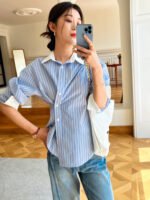 Spring new women's shirt women's long-sleeved blue and white striped French design color matching shirt women's commuting top - Image 3