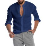 2022 Cross Border Men's Amazon AliExpress Linen Stand Collar Long Sleeve Men's Cardigan Shirt Men's Summer - Image 2
