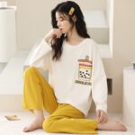 Women's pajamas spring and autumn cotton long-sleeved trousers round neck new simple and sweet Korean version can be worn outside home service suit - Image 7