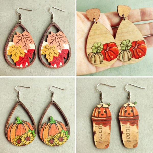 Autumn Thanksgiving Pumpkin Earrings Colorful Maple Leaf Sun Flower Pumpkin Coffee Cup Hollow Water Drops Fungus Earrings
