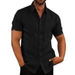 Foreign Trade Cross-border Amazon Hot Sale Summer Lapel Solid Color Short Sleeve Button Men's Linen Shirt - Image 3
