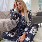 Cross-border foreign trade spring and autumn thin simulation silk striped home clothes lapel cardigan large size outer single ladies suit