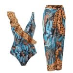 2023 new sexy one-piece swimsuit female European and American bikini leopard print ruffled swimsuit bikini chiffon long skirt