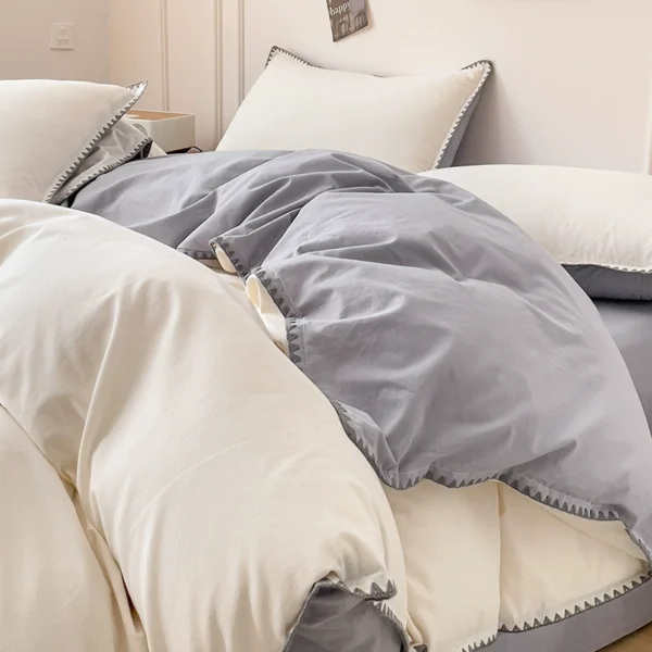 Ins washed cotton bed four-piece set pure cotton 100 simple solid color bed sheet quilt cover fitted sheet three-piece bedding