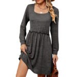 Solid color square neck long sleeved waistband loose fitting dress