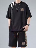 Waffle embroidery suit men's summer loose and versatile short sleeve thin breathable shorts casual trend two-piece set - Image 3