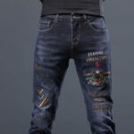 European station jeans men's spring and autumn trendy brand embroidery print slim jeans men's small foot stretch trousers are versatile - Image 3