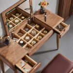 Solid wood dressing table makeup mirror stool storage cabinet integrated bedroom modern minimalist ash light luxury makeup table - Image 3