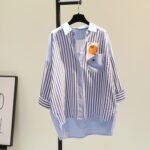 2023 spring and autumn new Korean style fashion blue vertical stripe color matching single pocket casual mid-length shirt women - Image 4