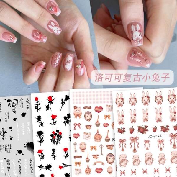 New nail art stickers Rococo sweet pet bunny nail stickers national style ink blood color rose decorative stickers