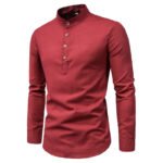 2022 cross-border foreign trade shirt men's fashion slim solid color long-sleeved business stand-up collar cotton and linen half-open men's shirt - Image 4