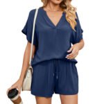 Women's Solid V-Neck Loose T-shirt Shorts Set - Image 4
