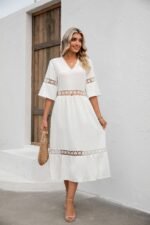 Solid V-neck hollowed out lace patchwork medium sleeved loose fitting dress - Image 4
