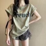 Cotton 2023 letter printed T-shirt women's summer new women's clothing tee loose Korean curling mid-length round neck top - Image 3