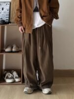 Japanese men's retro cityboy loose cargo pants wide leg versatile elastic waist design casual long pants men