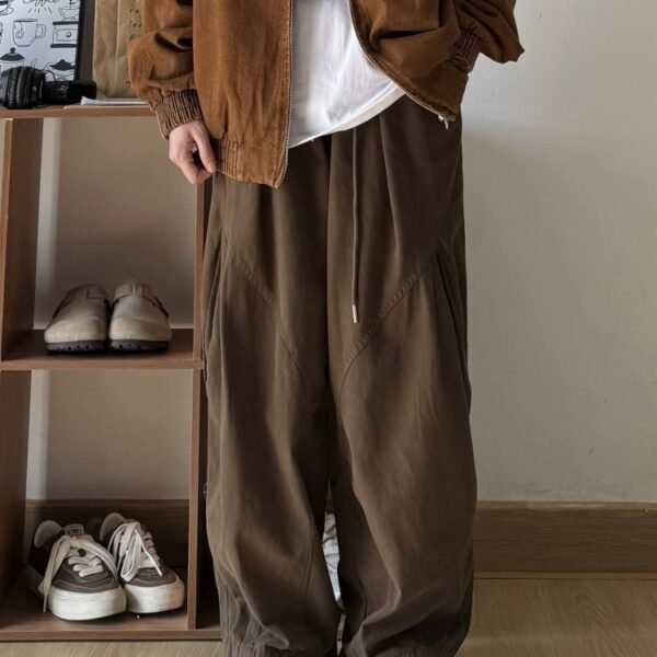 Japanese men's retro cityboy loose cargo pants wide leg versatile elastic waist design casual long pants men