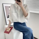 303-1820 Japanese fresh spring women's clothing lapel back buckle solid color pocket long-sleeved cotton and linen shirt for women - Image 3