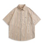 OREETA men's clothing?2022 summer Japanese fresh color matching striped lapel loose five-point sleeve shirt short-sleeved men - Image 7