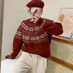 Retro jacquard soft waxy sweater women's 2022 autumn and winter new Japanese style lazy style loose round neck pullover sweater thick - Image 8